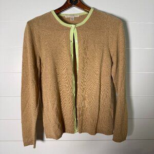 Belford 100% Cashmere Cardigan Sweater Set Tan and Green/Yellow Trim Size Large